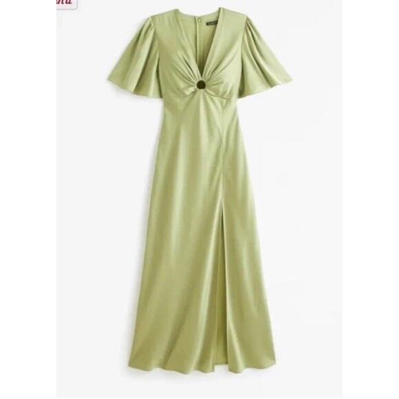 Abercrombie & Fitch Dresses & Skirts - Abercrombie & Fitch L Green Satin Angel Flutter Sleeve Wedding Guest Maxi Dress